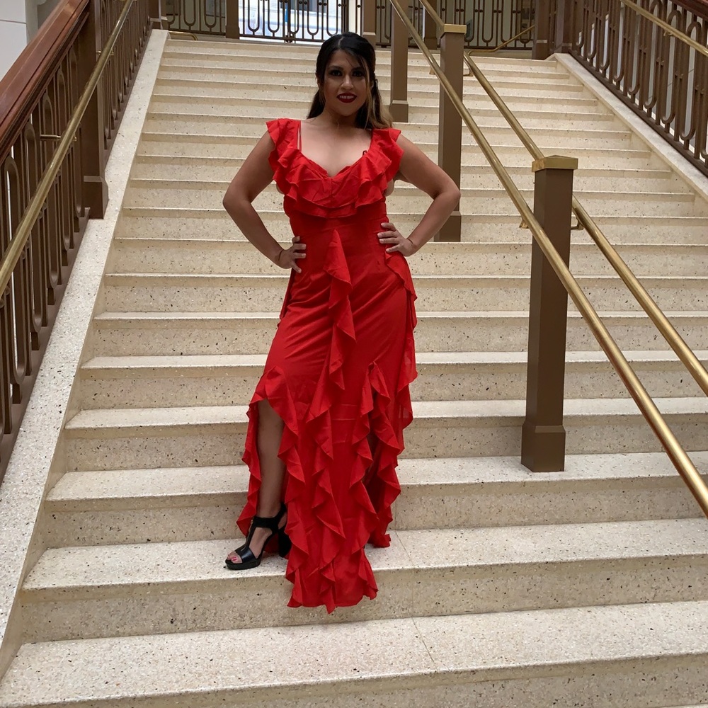 Pretty little thing dress red ruffle maxi dress